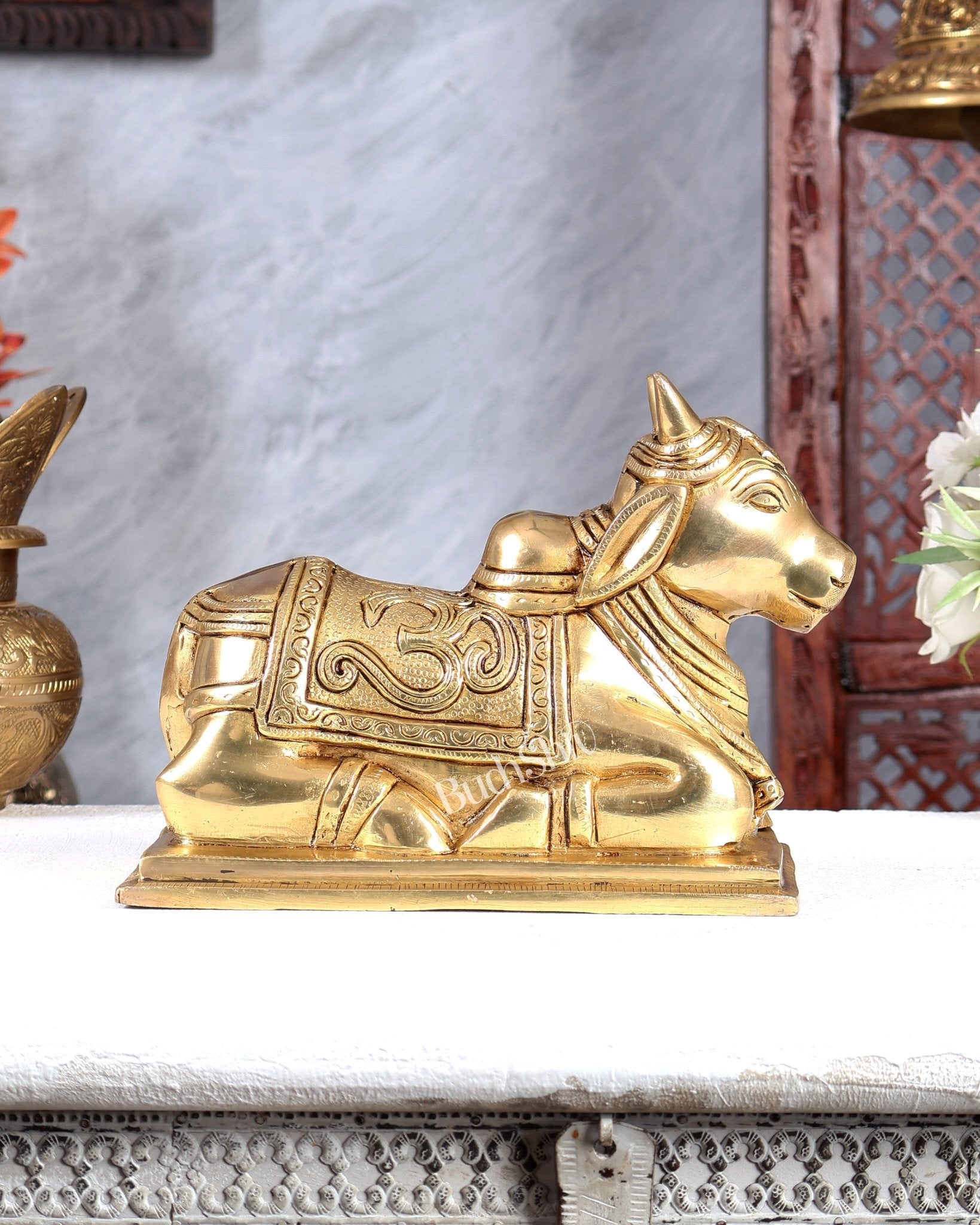 Brass Nandi with Om & Swastik Carvings – Intricately Handcrafted Sacred Bull Sculpture 8 inch - Budhshiv.com