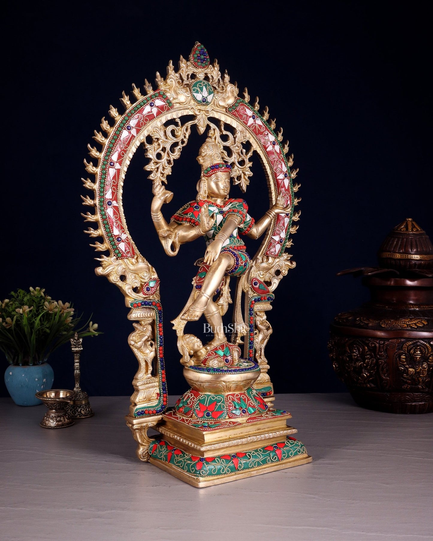 Brass Nataraja Dancing Shiva Superfine Sculpture - 18" Floral stonework - Budhshiv.com