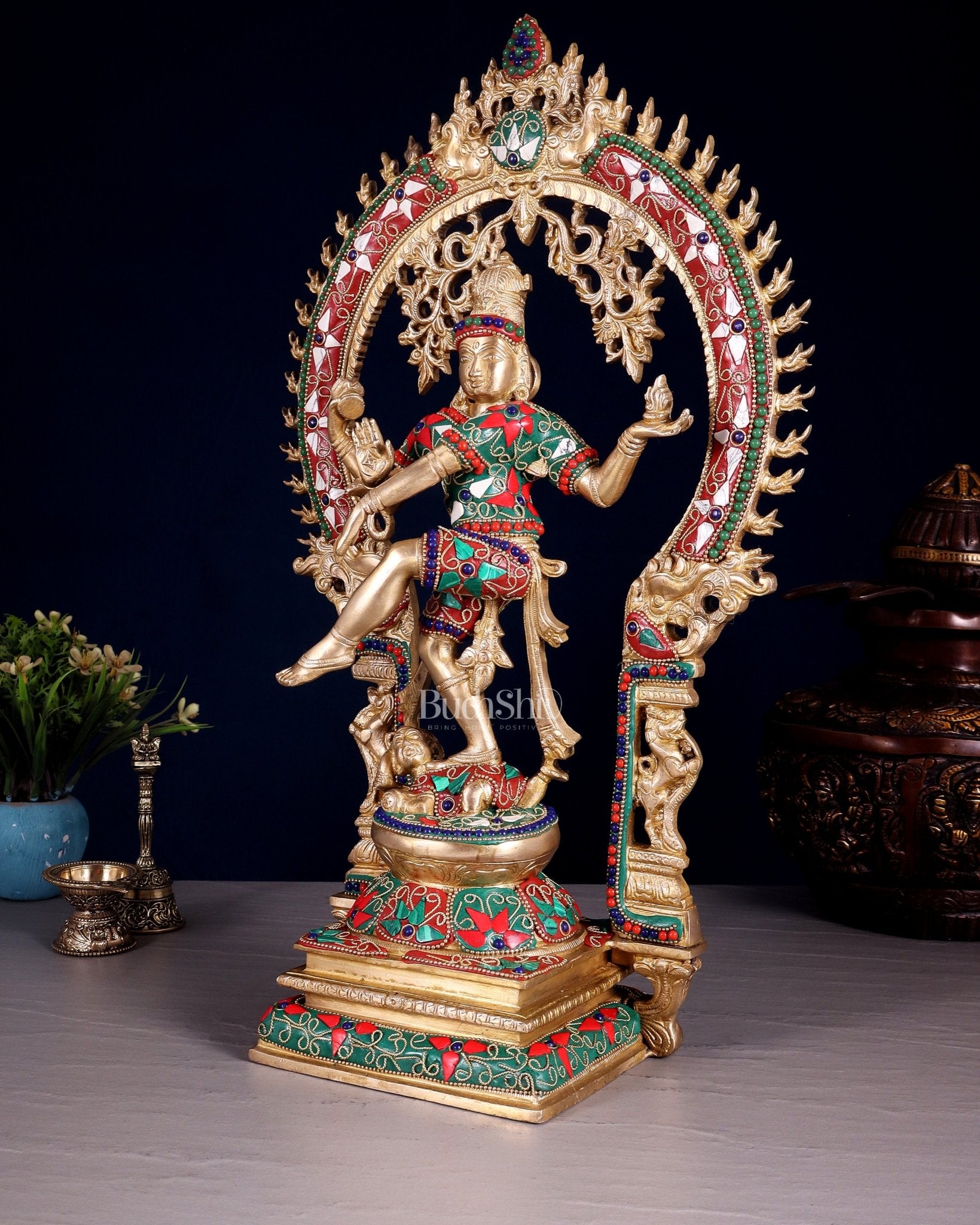 Brass Nataraja Dancing Shiva Superfine Sculpture - 18" Floral stonework - Budhshiv.com