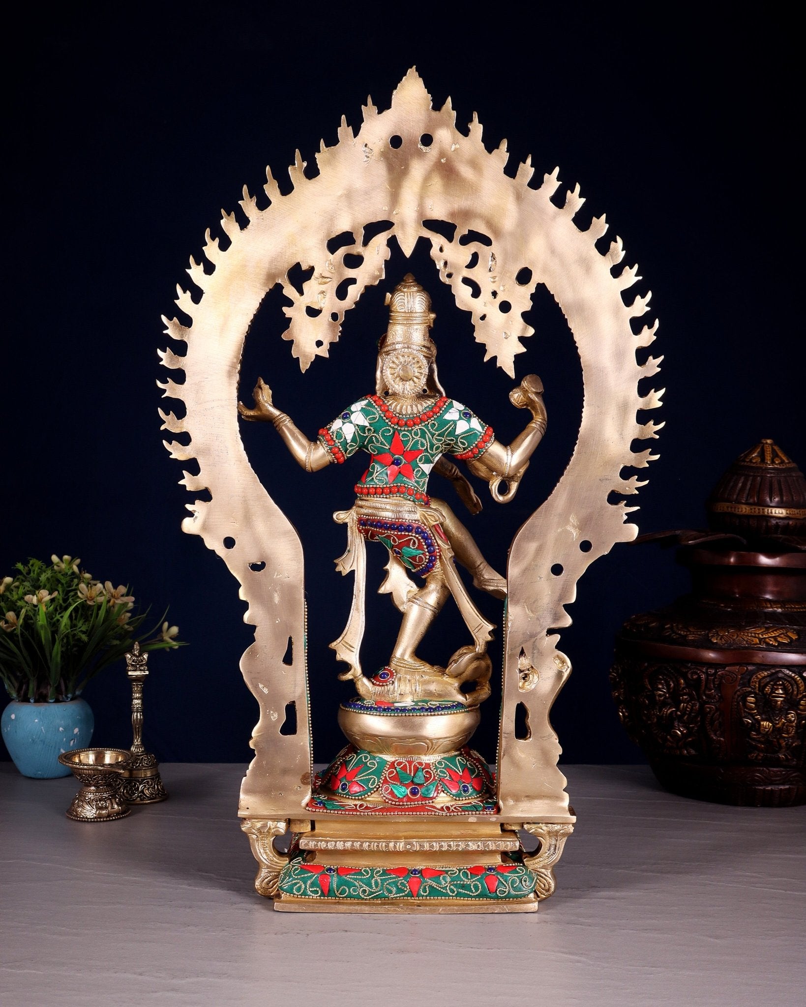 Brass Nataraja Dancing Shiva Superfine Sculpture - 18" Floral stonework - Budhshiv.com