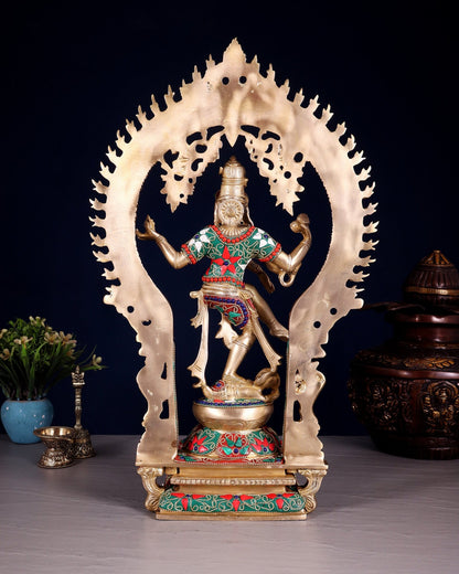Brass Nataraja Dancing Shiva Superfine Sculpture - 18" Floral stonework - Budhshiv.com