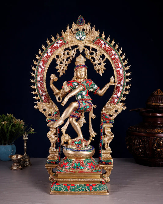 Brass Nataraja Dancing Shiva Superfine Sculpture - 18" Floral stonework - Budhshiv.com