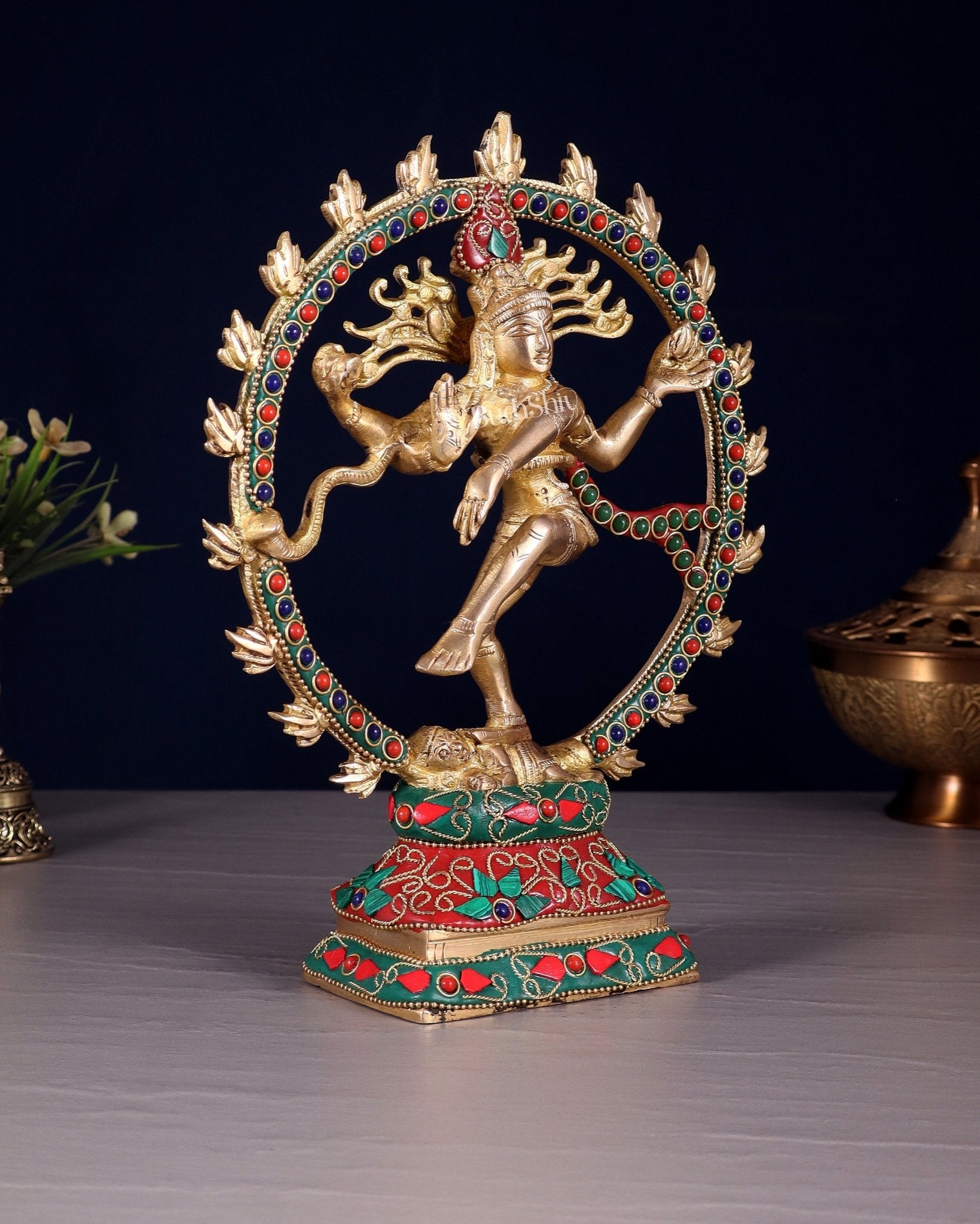 Brass Nataraja Sculpture – 9.2” Floral stonework - Budhshiv.com