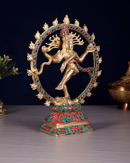 Brass Nataraja Sculpture – 9.2” Floral stonework - Budhshiv.com