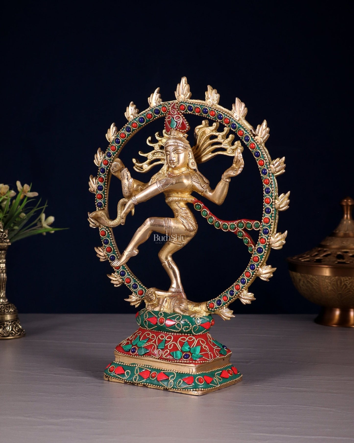 Brass Nataraja Sculpture – 9.2” Floral stonework - Budhshiv.com
