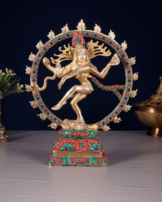 Brass Nataraja Sculpture – 9.2” Floral stonework - Budhshiv.com