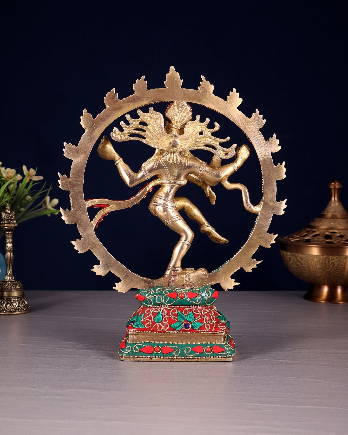 Brass Nataraja Sculpture – 9.2” Floral stonework - Budhshiv.com