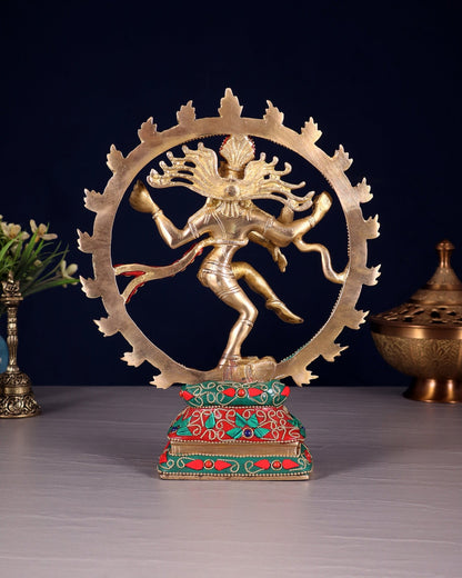 Brass Nataraja Sculpture – 9.2” Floral stonework - Budhshiv.com