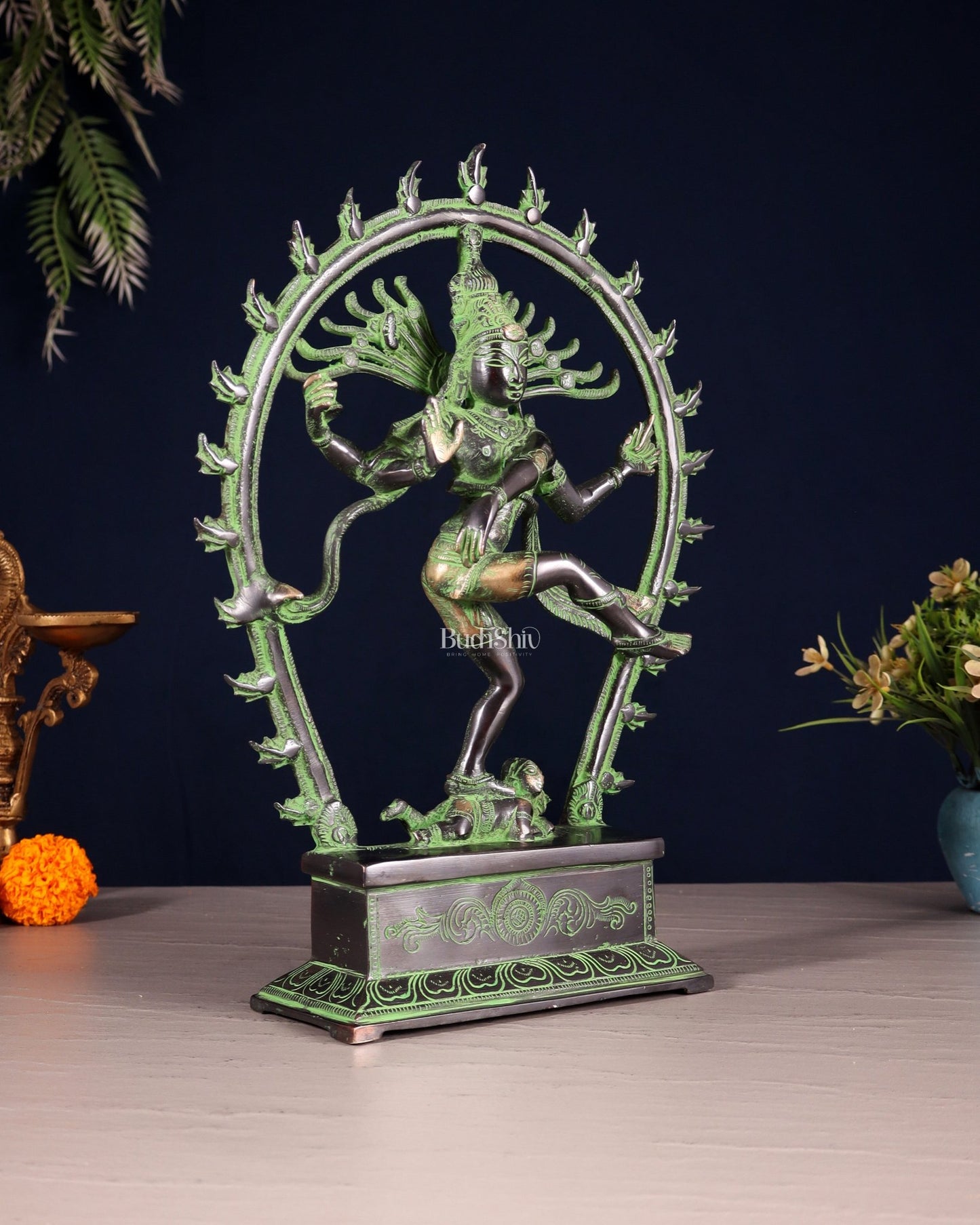 Brass Nataraja Statue – Black & Green Patina Tone 12" right leg up - Budhshiv.com
