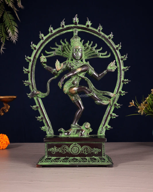 Brass Nataraja Statue – Black & Green Patina Tone 12" right leg up - Budhshiv.com