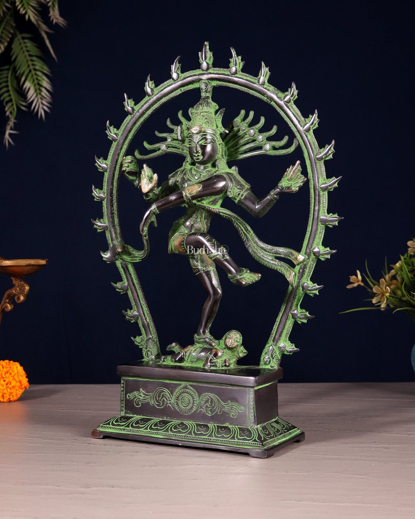 Brass Nataraja Statue – Black & Green Patina Tone 12" right leg up - Budhshiv.com