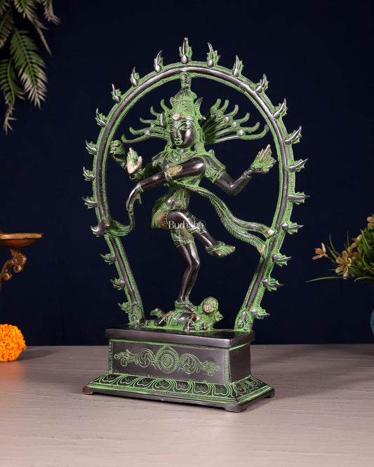 Brass Nataraja Statue – Black & Green Patina Tone 12" right leg up - Budhshiv.com