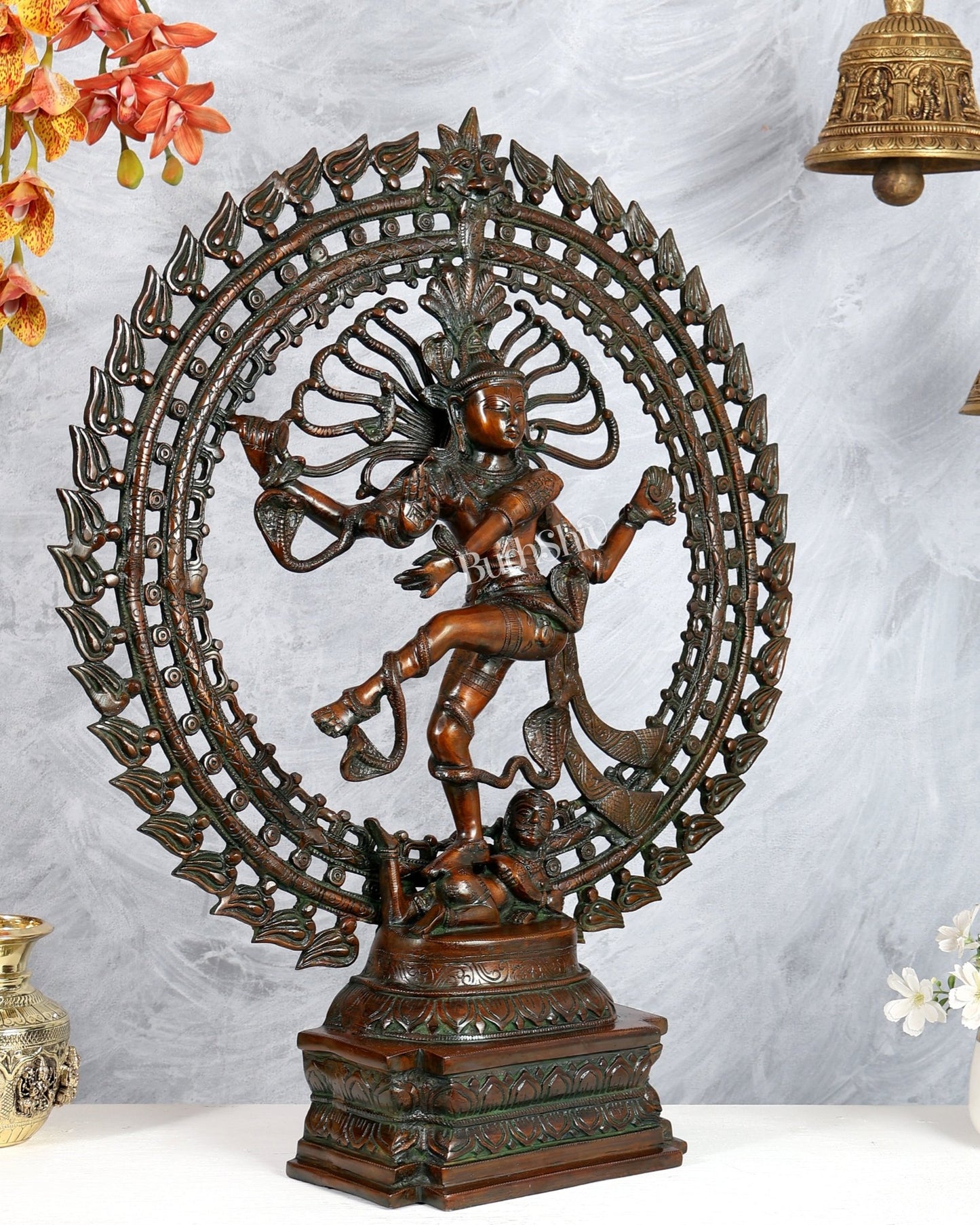 Brass Nataraja Statue with Dual Fire Ring – Bronze Tone Cosmic Dance Sculpture (27 Inches) - Budhshiv.com