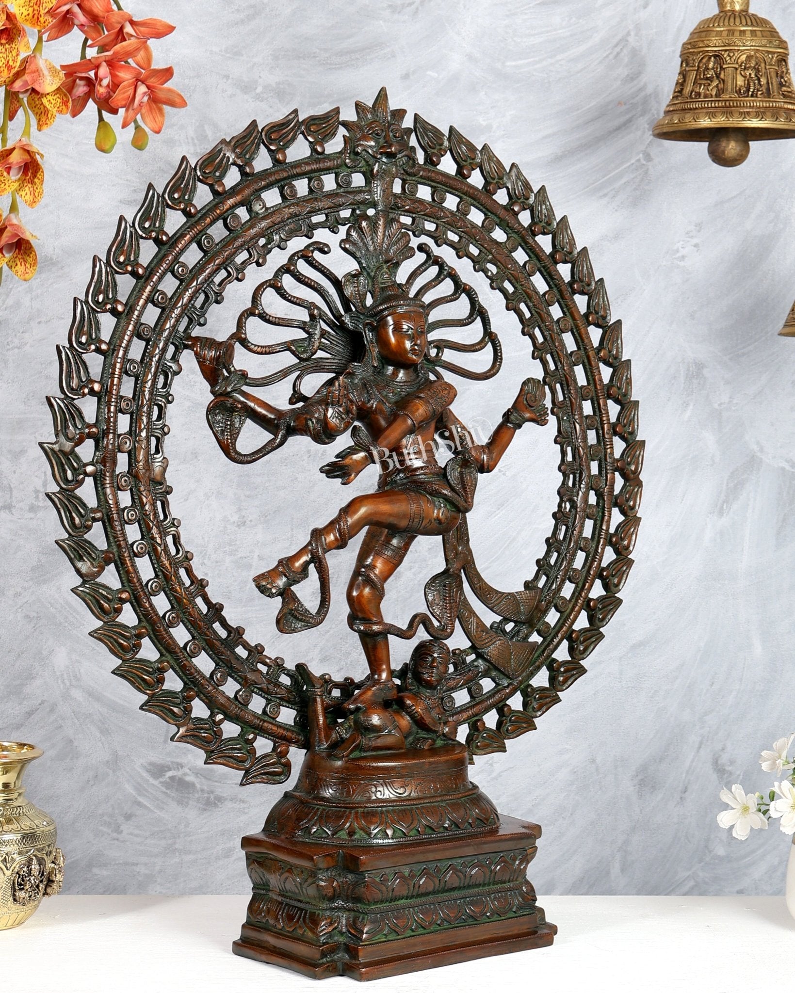 Brass Nataraja Statue with Dual Fire Ring – Bronze Tone Cosmic Dance Sculpture (27 Inches) - Budhshiv.com