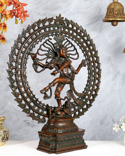 Brass Nataraja Statue with Dual Fire Ring – Bronze Tone Cosmic Dance Sculpture (27 Inches) - Budhshiv.com