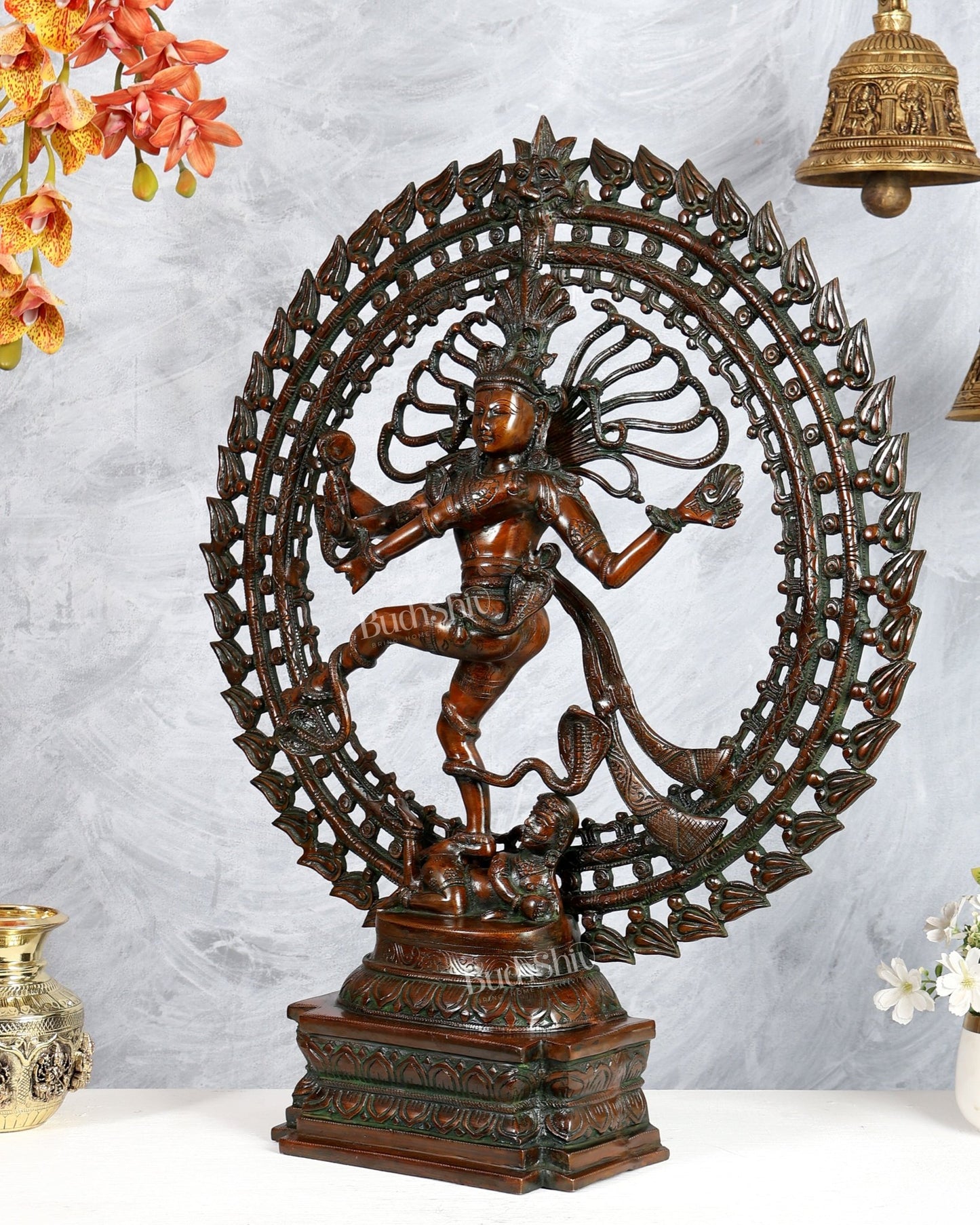 Brass Nataraja Statue with Dual Fire Ring – Bronze Tone Cosmic Dance Sculpture (27 Inches) - Budhshiv.com