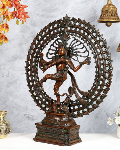 Brass Nataraja Statue with Dual Fire Ring – Bronze Tone Cosmic Dance Sculpture (27 Inches) - Budhshiv.com
