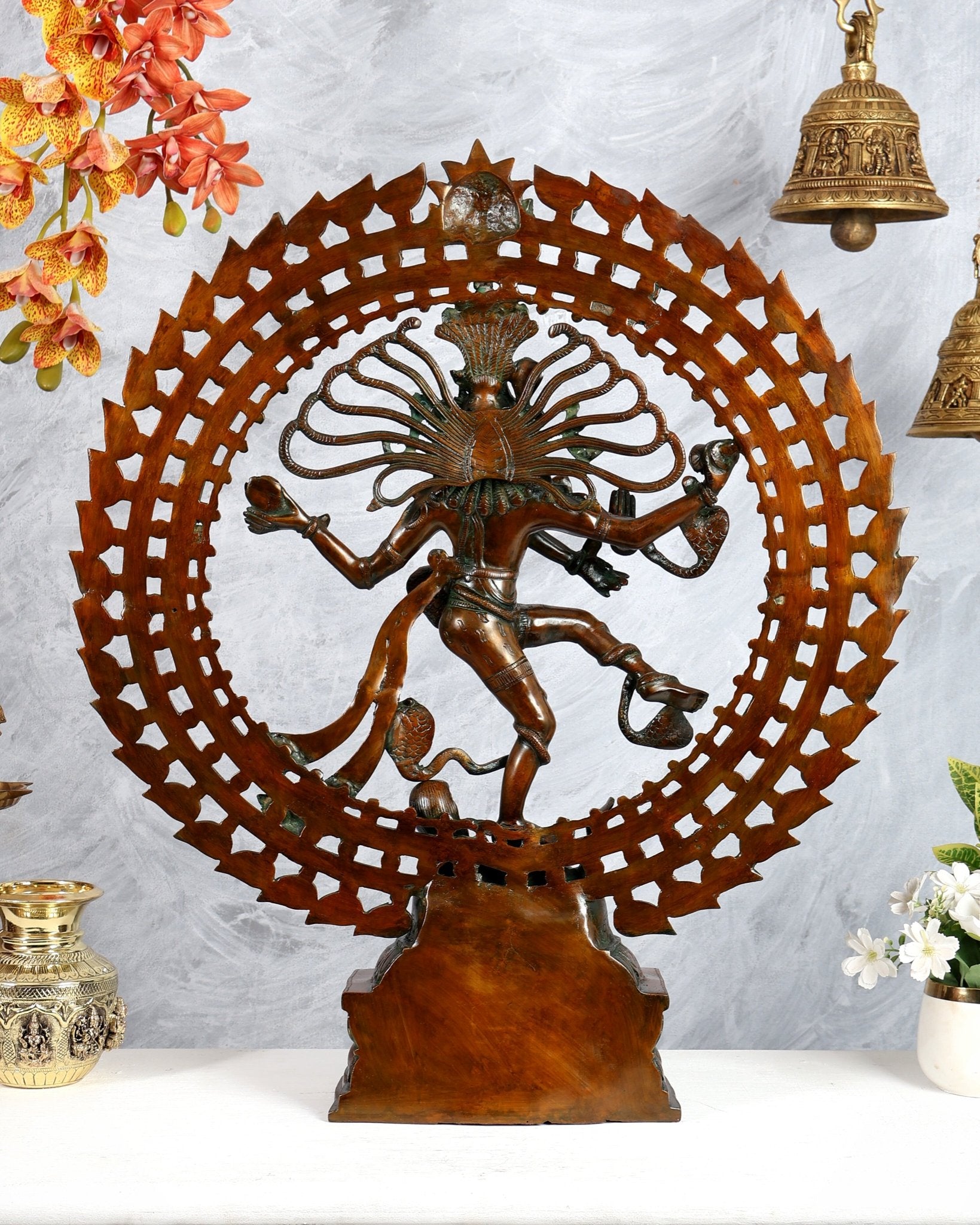 Brass Nataraja Statue with Dual Fire Ring – Bronze Tone Cosmic Dance Sculpture (27 Inches) - Budhshiv.com