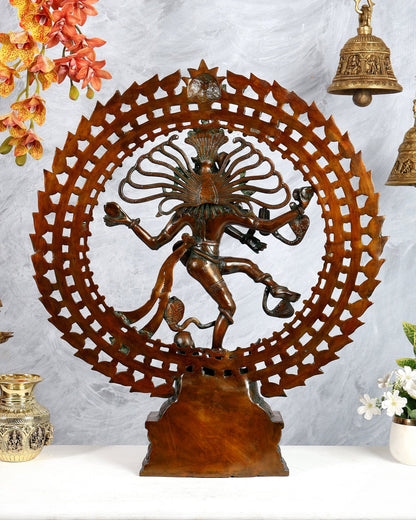 Brass Nataraja Statue with Dual Fire Ring – Bronze Tone Cosmic Dance Sculpture (27 Inches) - Budhshiv.com