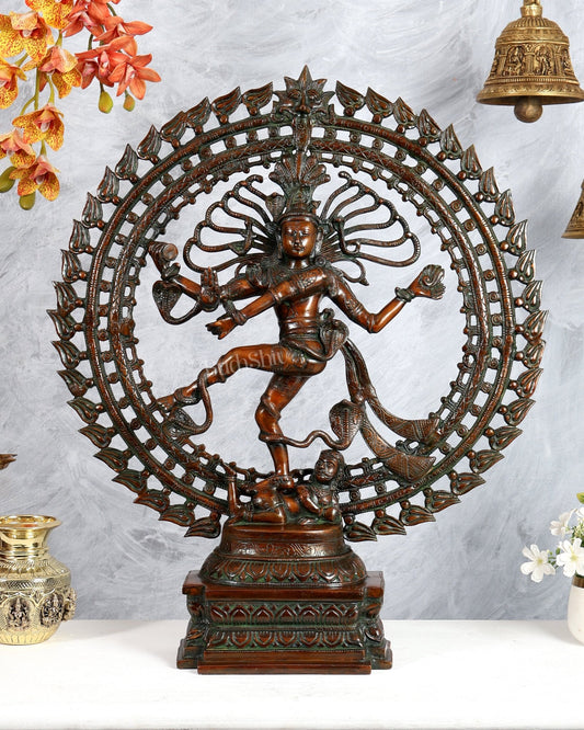 Brass Nataraja Statue with Dual Fire Ring – Bronze Tone Cosmic Dance Sculpture (27 Inches) - Budhshiv.com