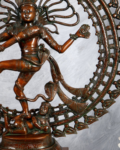Brass Nataraja Statue with Dual Fire Ring – Bronze Tone Cosmic Dance Sculpture (27 Inches) - Budhshiv.com
