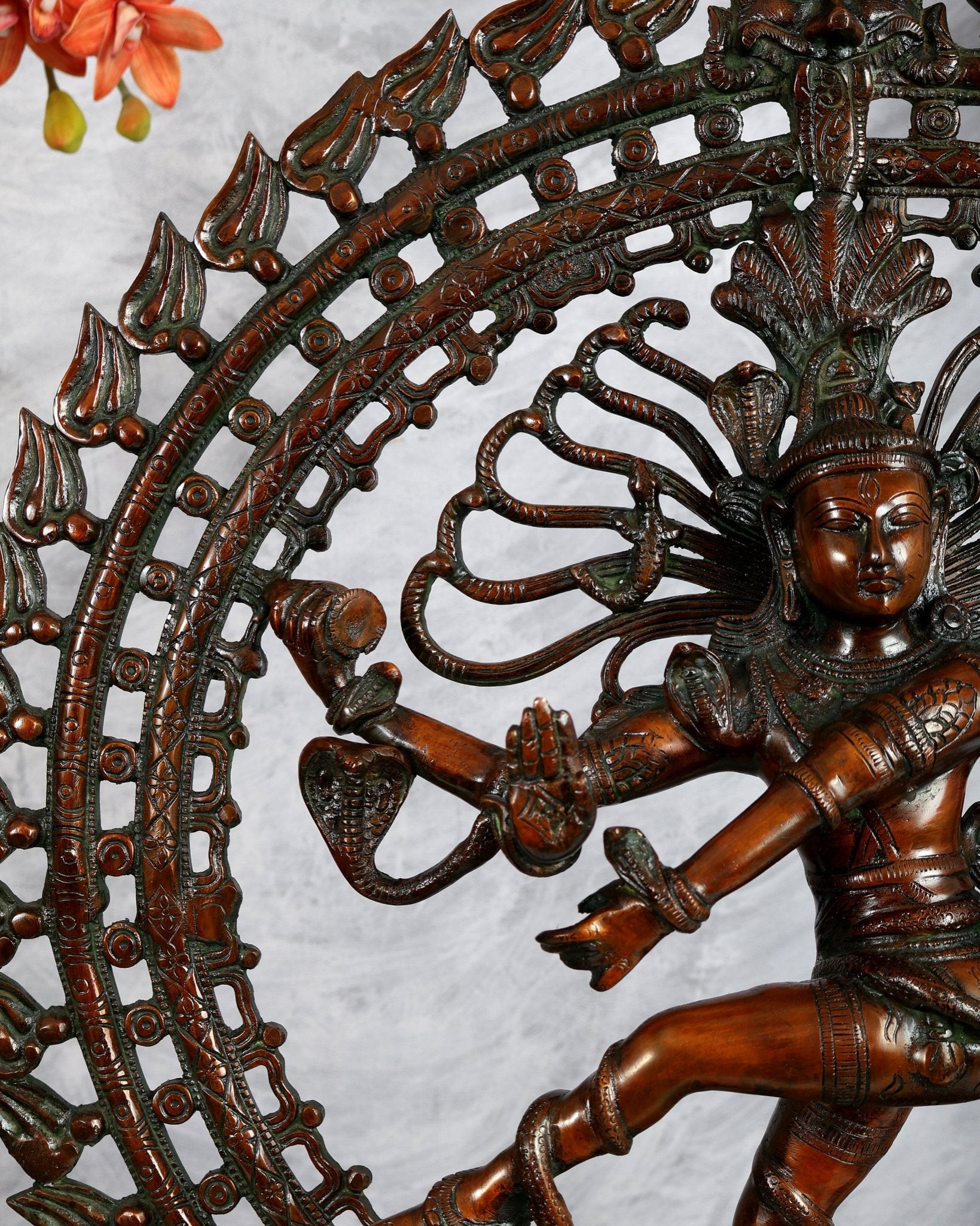 Brass Nataraja Statue with Dual Fire Ring – Bronze Tone Cosmic Dance Sculpture (27 Inches) - Budhshiv.com
