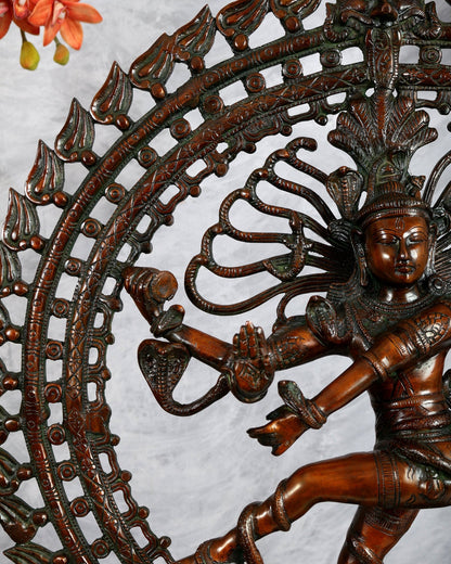 Brass Nataraja Statue with Dual Fire Ring – Bronze Tone Cosmic Dance Sculpture (27 Inches) - Budhshiv.com
