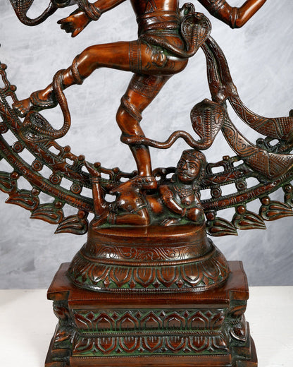 Brass Nataraja Statue with Dual Fire Ring – Bronze Tone Cosmic Dance Sculpture (27 Inches) - Budhshiv.com
