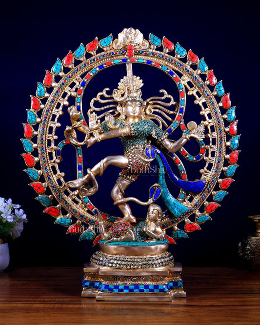 Brass Nataraja Statue with stonework 21 inch - Budhshiv.com