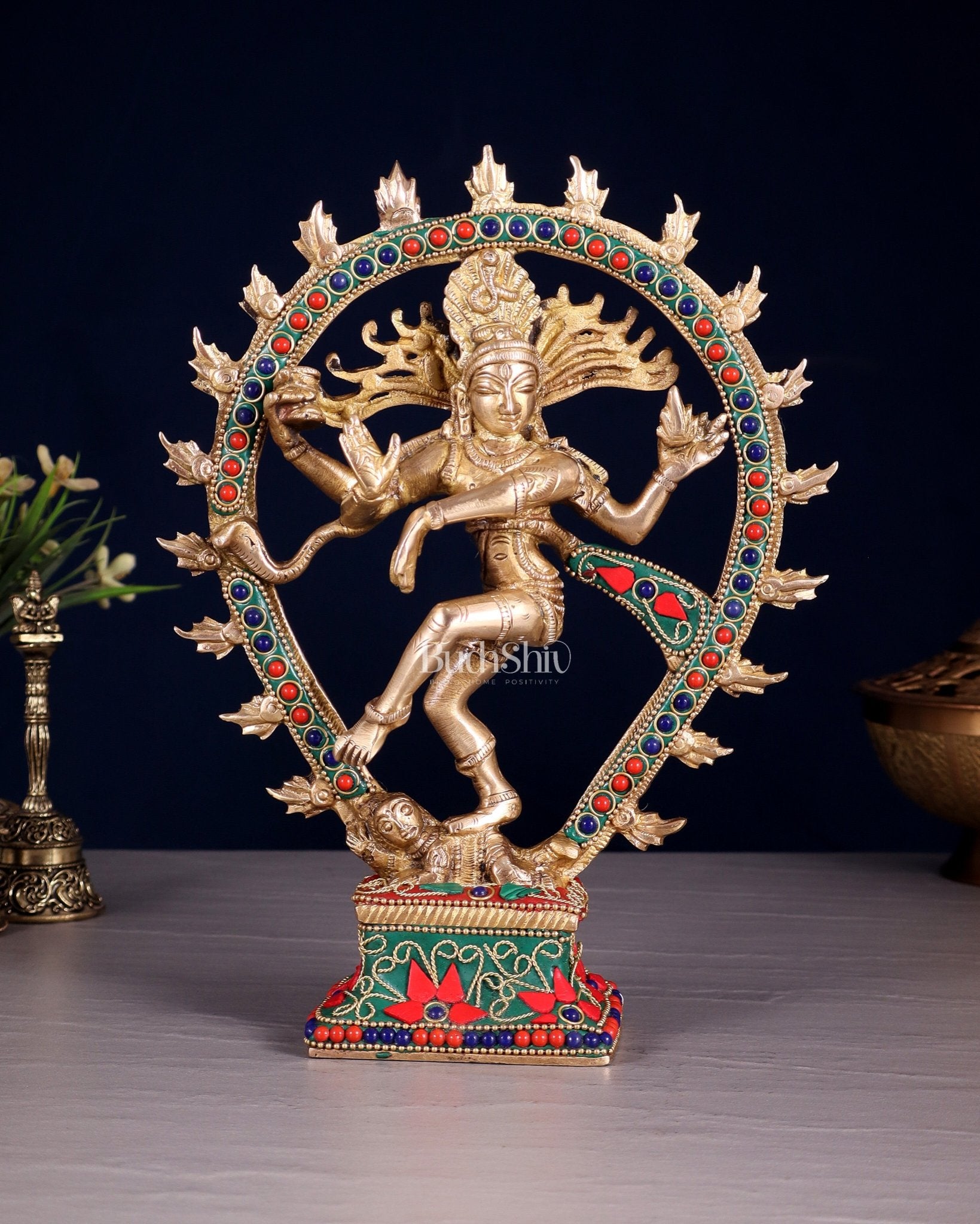 Brass Nataraja with Oval Ring floral stonework 9.3" - Budhshiv.com