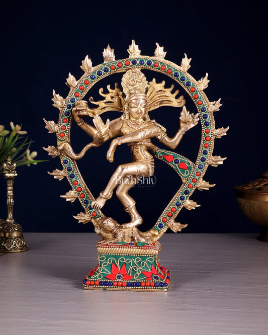 Brass Nataraja with Oval Ring floral stonework 9.3" - Budhshiv.com