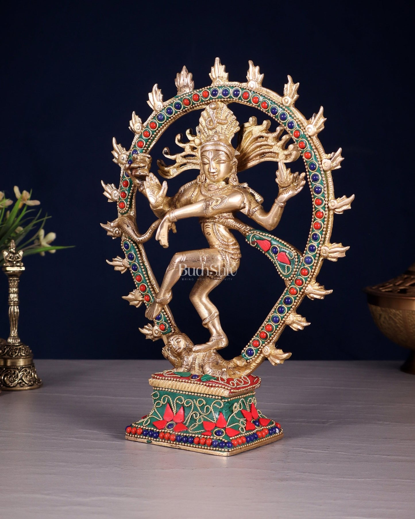 Brass Nataraja with Oval Ring floral stonework 9.3" - Budhshiv.com
