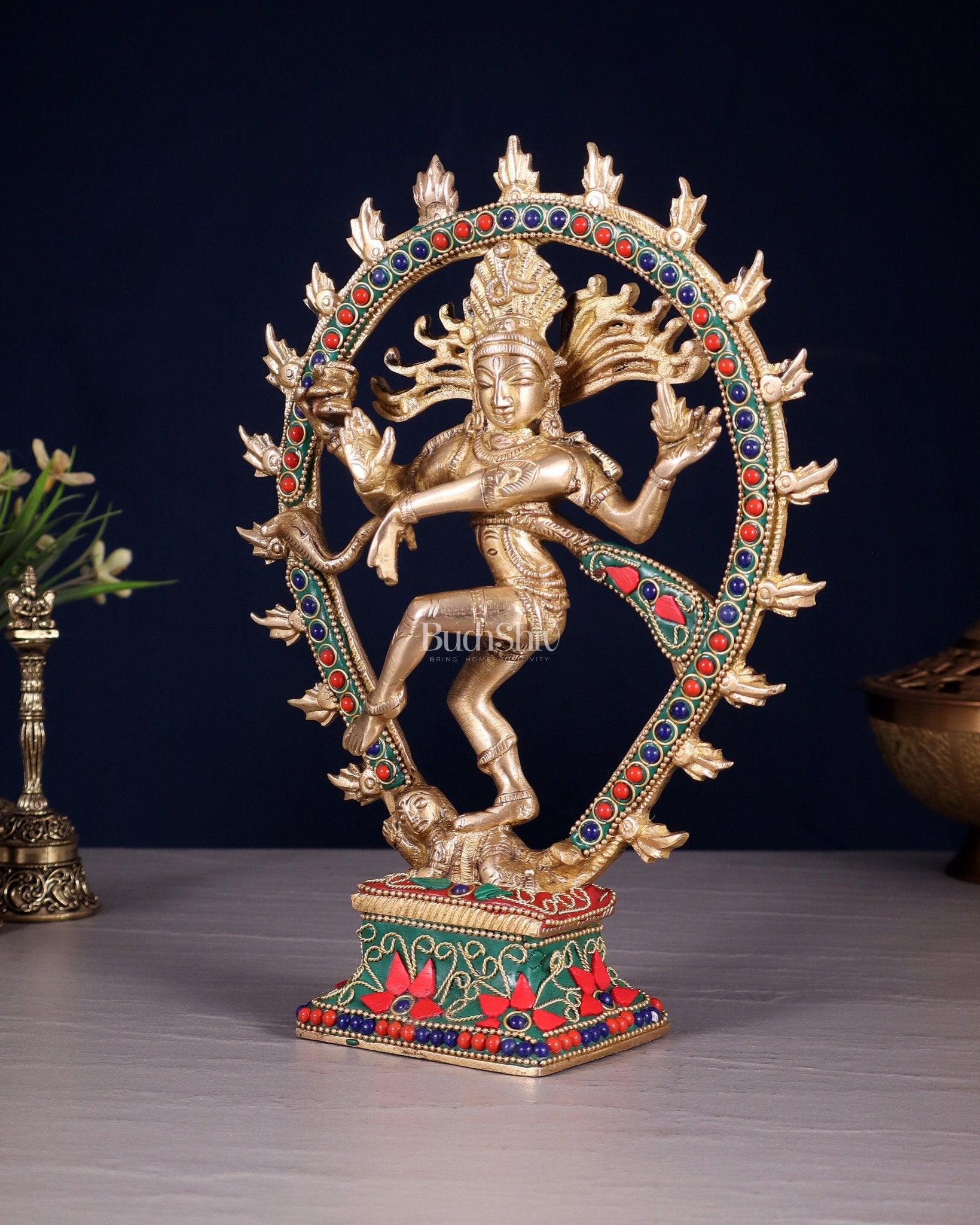 Brass Nataraja with Oval Ring floral stonework 9.3" - Budhshiv.com