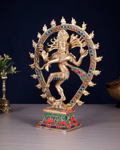 Brass Nataraja with Oval Ring floral stonework 9.3" - Budhshiv.com