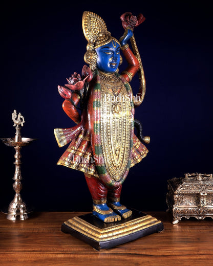 Brass Nathdwara Shrinath Ji Murti Large | 32 " Pichwai hand - painted - Budhshiv.com