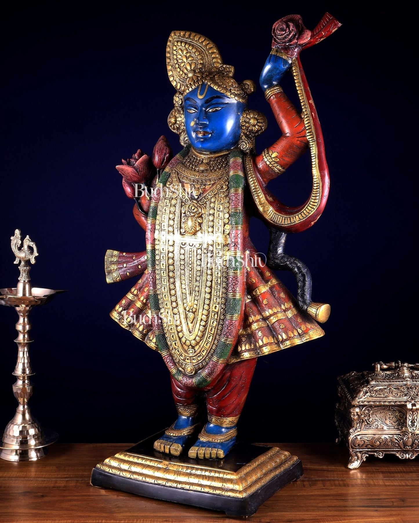 Brass Nathdwara Shrinath Ji Murti Large | 32 " Pichwai hand - painted - Budhshiv.com