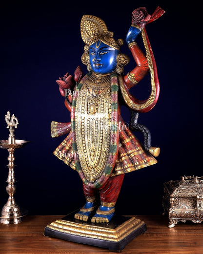 Brass Nathdwara Shrinath Ji Murti Large | 32 " Pichwai hand - painted - Budhshiv.com