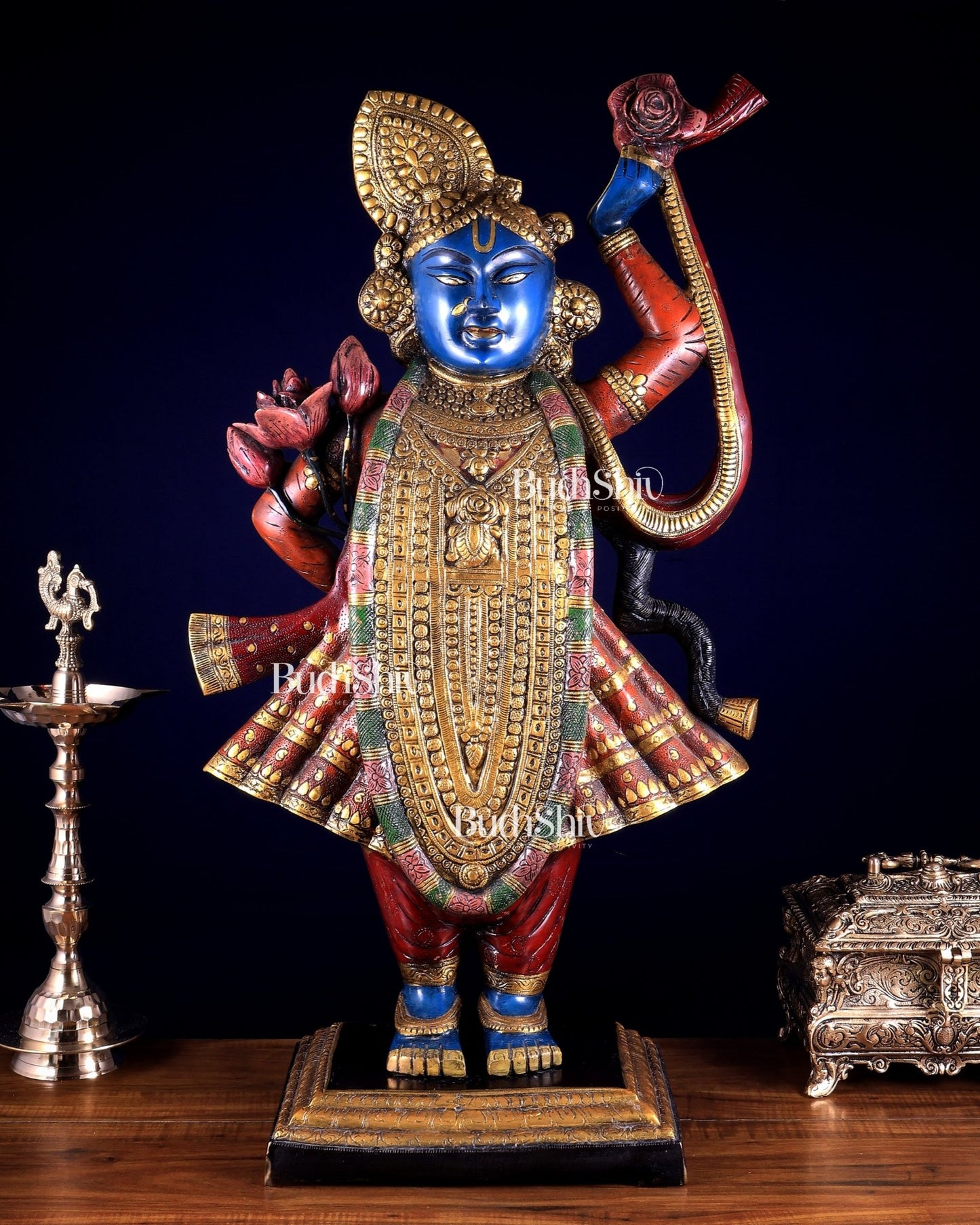 Brass Nathdwara Shrinath Ji Murti Large | 32 " Pichwai hand - painted - Budhshiv.com
