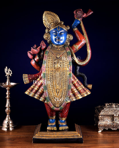 Brass Nathdwara Shrinath Ji Murti Large | 32 " Pichwai hand - painted - Budhshiv.com