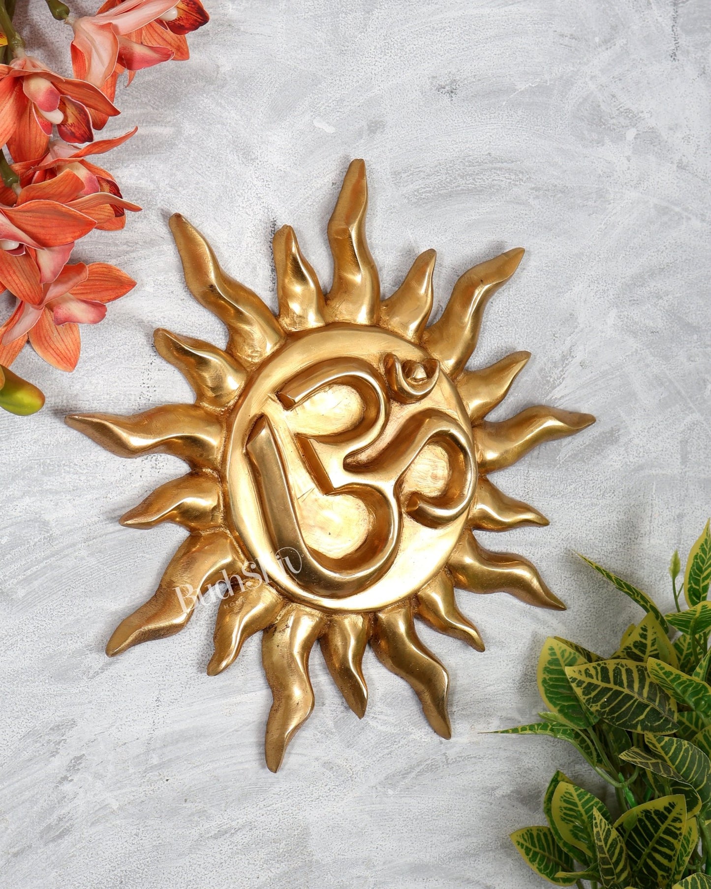 Brass Om Surya Wall Hanging – Large Sun God Decorative Plaque (12 Inches) - Budhshiv.com