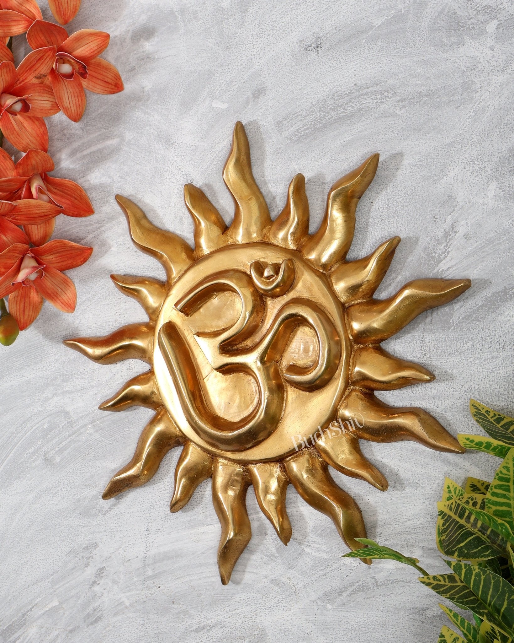 Brass Om Surya Wall Hanging – Large Sun God Decorative Plaque (12 Inches) - Budhshiv.com