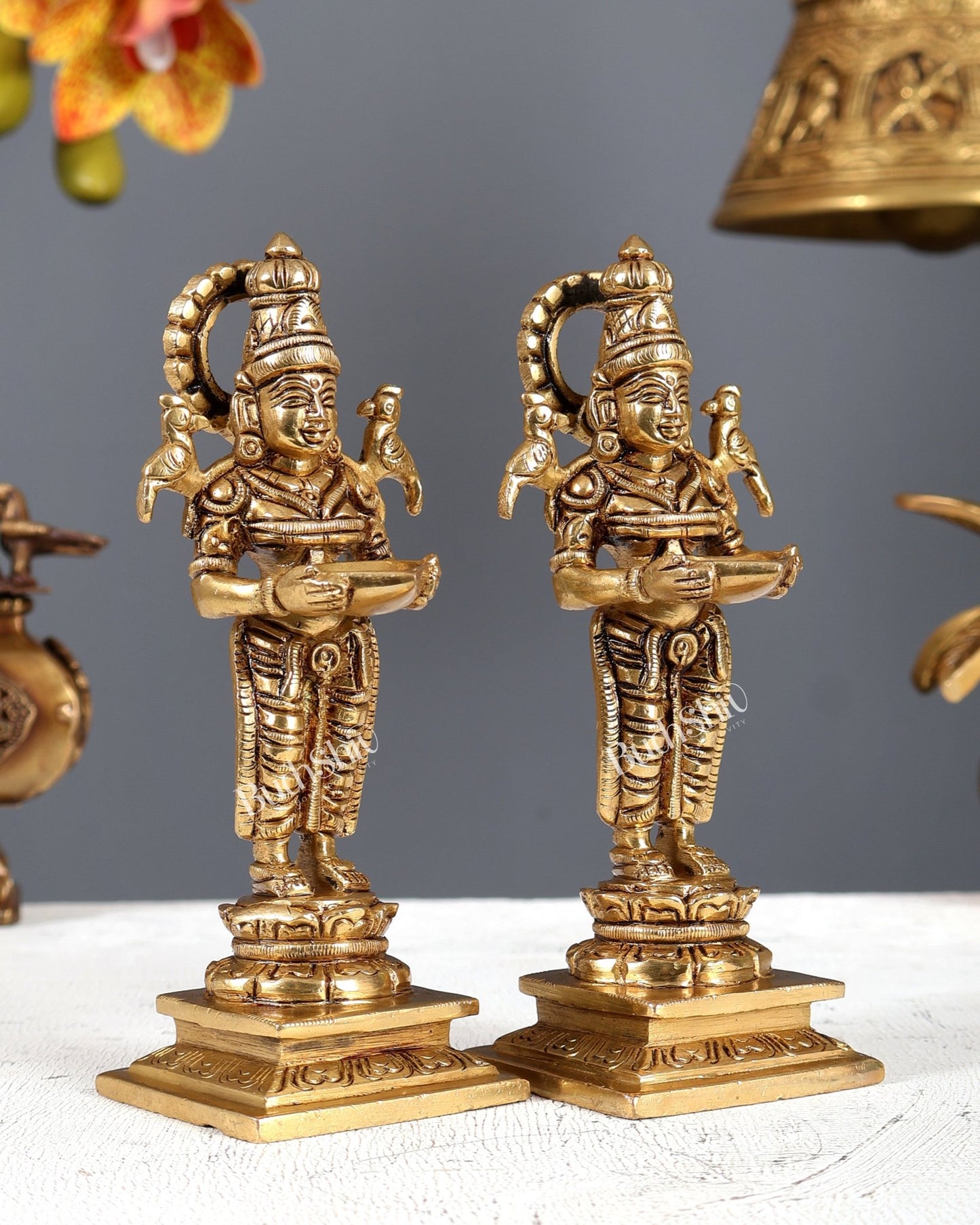 Brass Paavai Vilakku Deep Lady Diyas Pair – Traditional Decorative Oil Lamps (6 Inches) - Budhshiv.com