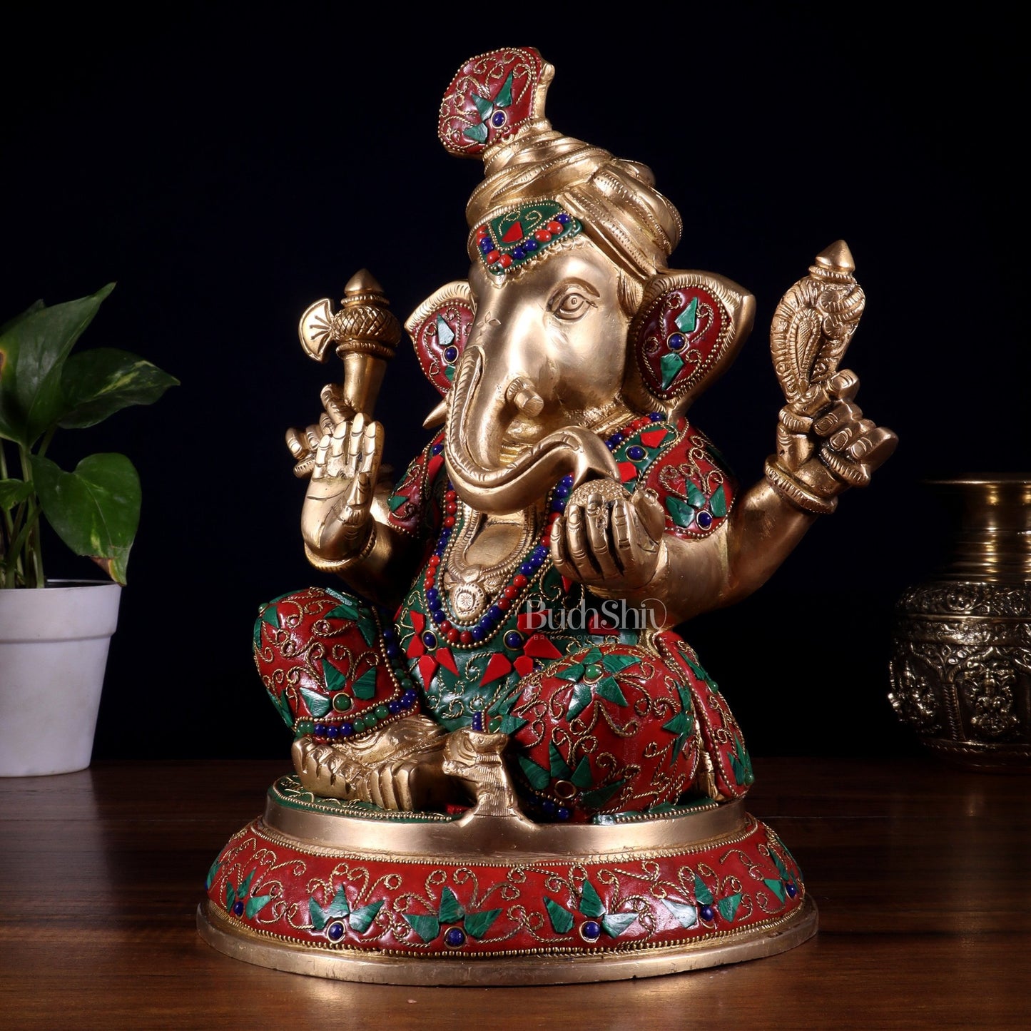 Brass Pagadi Ganesha Statue with Floral Stonework – 11.5 Inch - Budhshiv.com