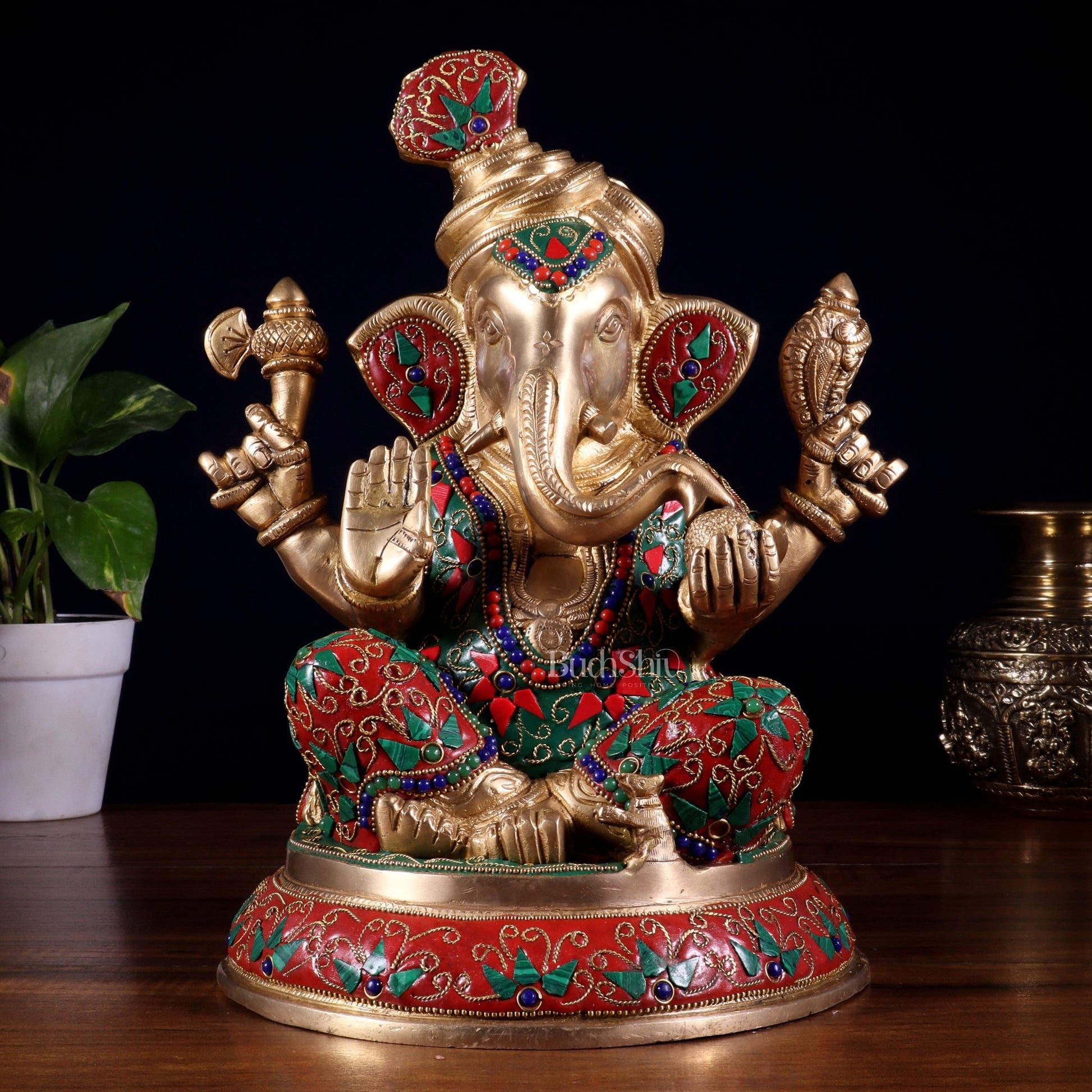 Brass Pagadi Ganesha Statue with Floral Stonework – 11.5 Inch - Budhshiv.com