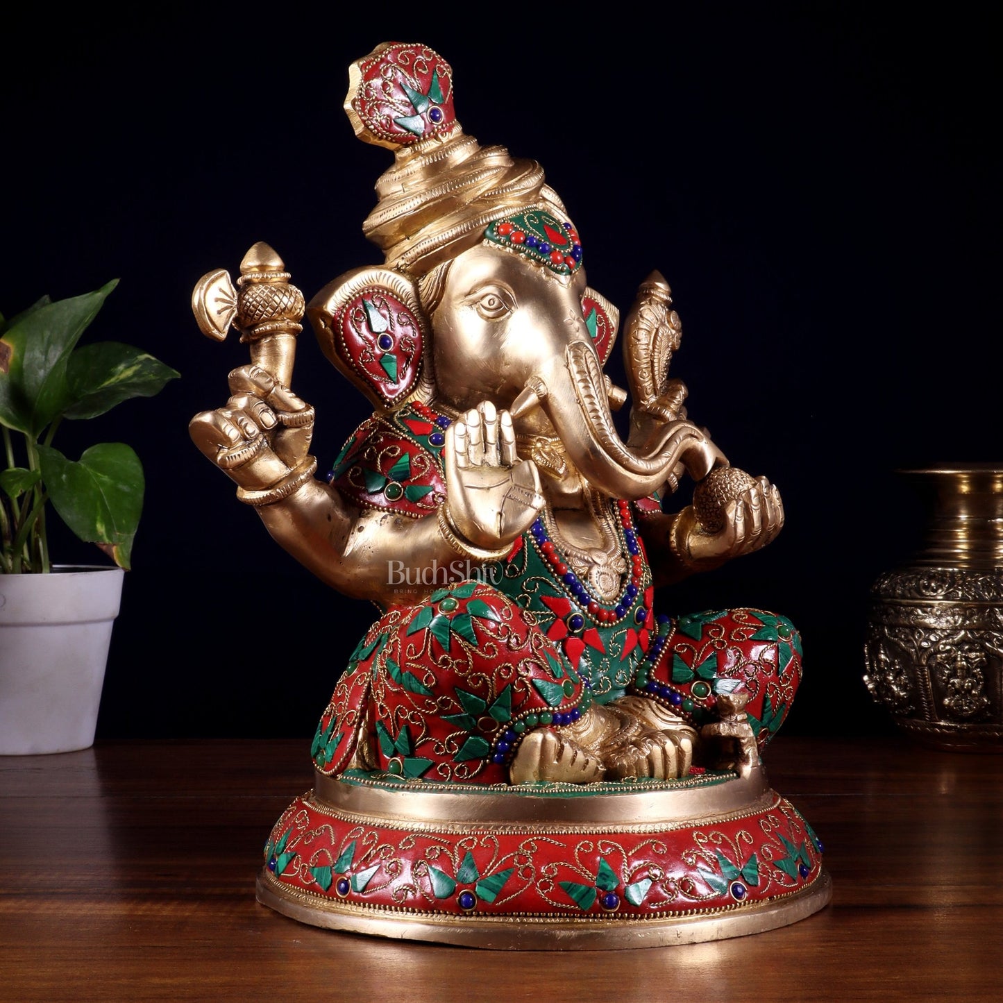 Brass Pagadi Ganesha Statue with Floral Stonework – 11.5 Inch - Budhshiv.com