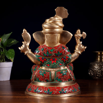 Brass Pagadi Ganesha Statue with Floral Stonework – 11.5 Inch - Budhshiv.com