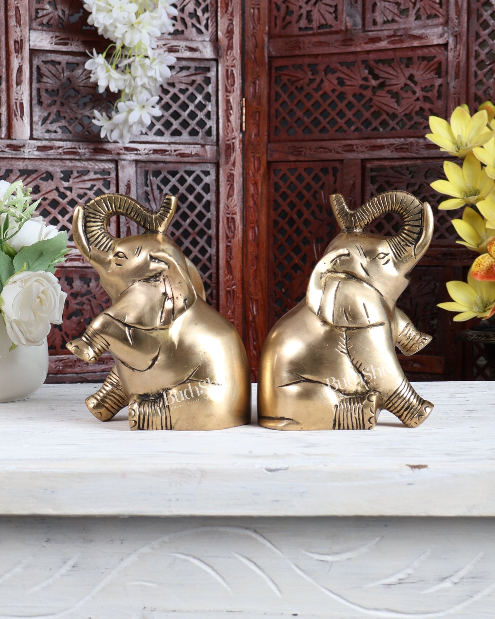 Brass Pair of Baby Elephants with Raised Trunks | Auspicious Elephant Showpiece for Home Décor - Budhshiv.com