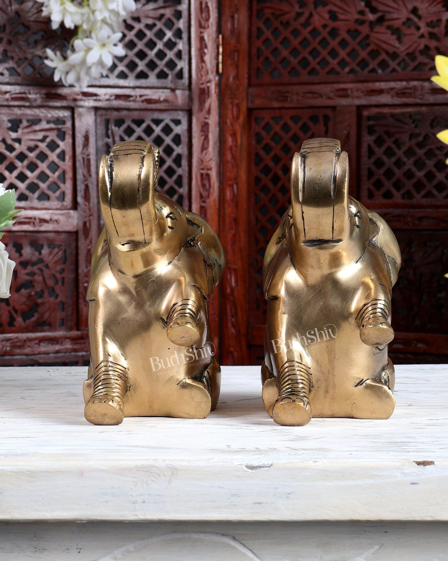 Brass Pair of Baby Elephants with Raised Trunks | Auspicious Elephant Showpiece for Home Décor - Budhshiv.com