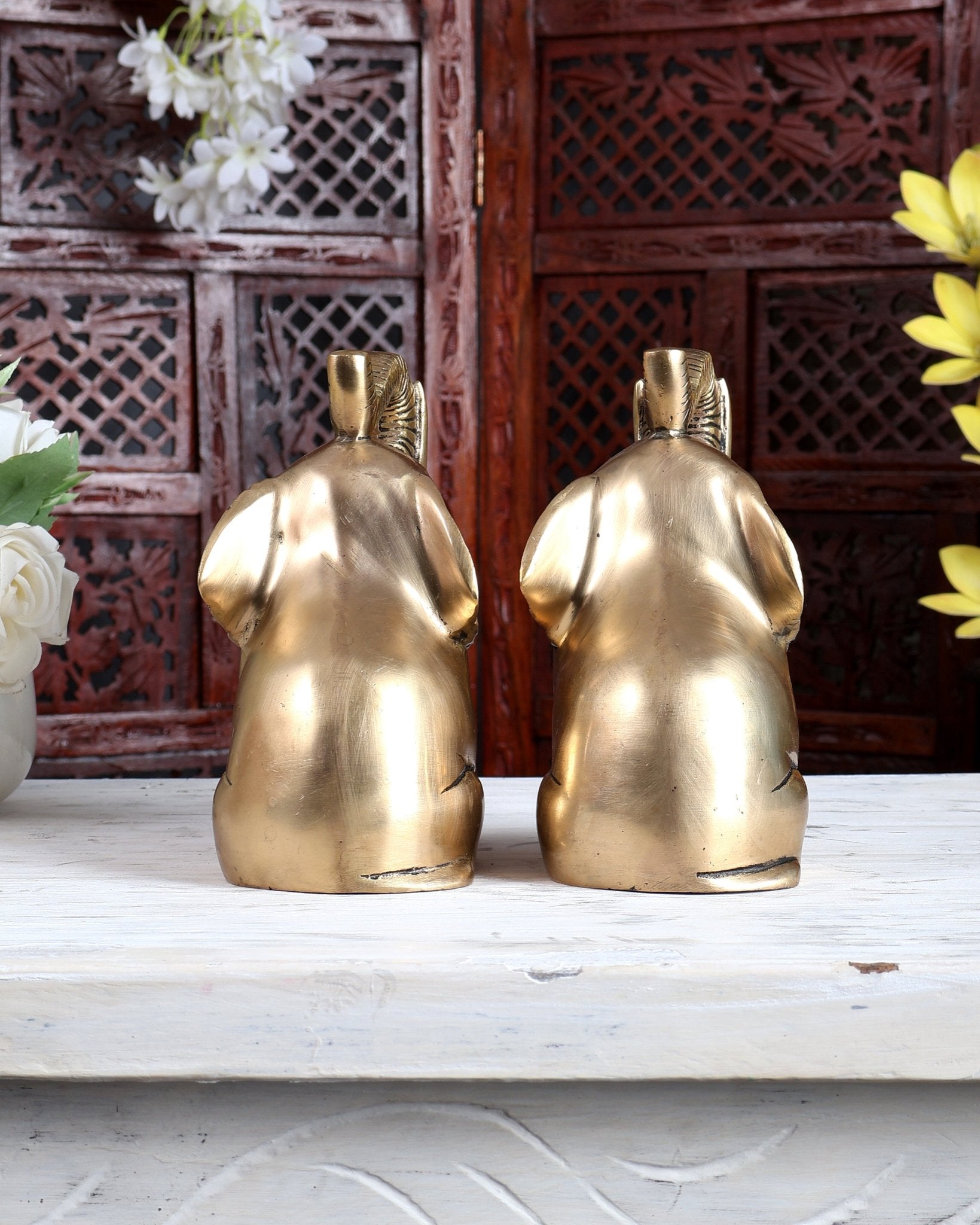 Brass Pair of Baby Elephants with Raised Trunks | Auspicious Elephant Showpiece for Home Décor - Budhshiv.com