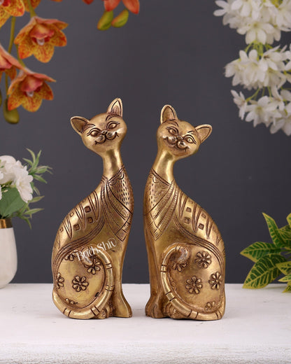 Brass Pair of Cats Showpiece – Decorative Table Accent Set (8 Inches) - Budhshiv.com